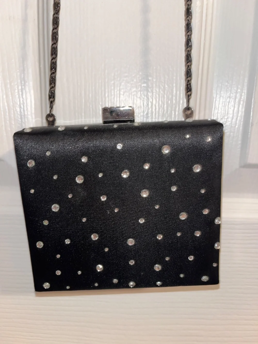 Black Satin Faux Diamond Purse Clutch - Long Metal Strap